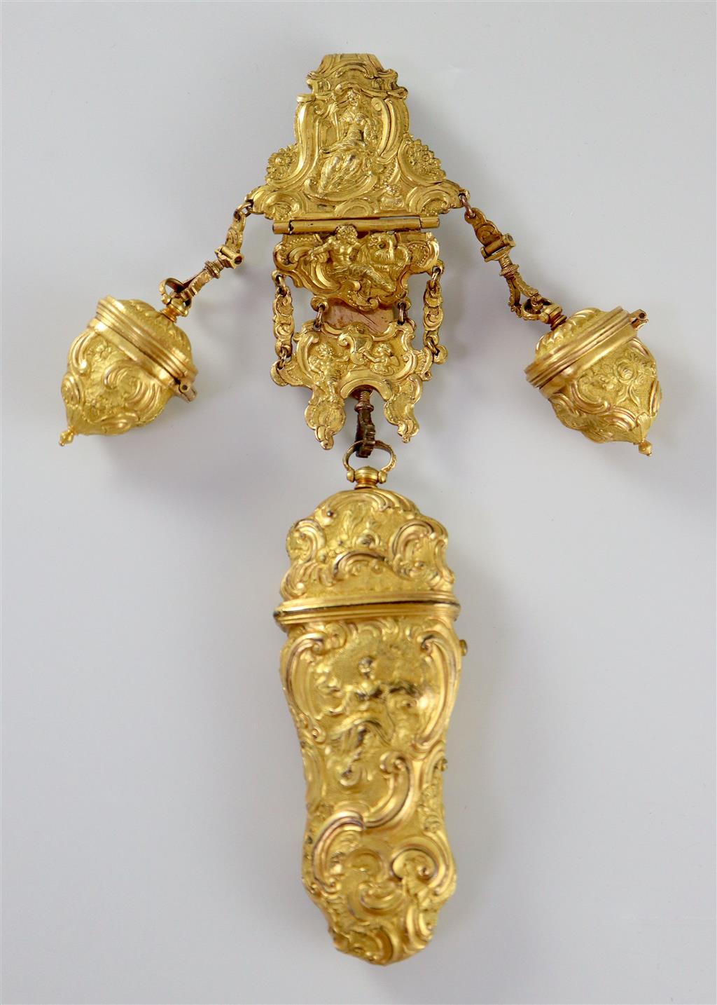 An 18th century ormolu chatelaine, overall length 7.5in.